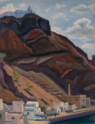 Santorini from the Harbor Upward — Oil painting, Canvas, 50.00×65.00cm — Theodoros Markellos